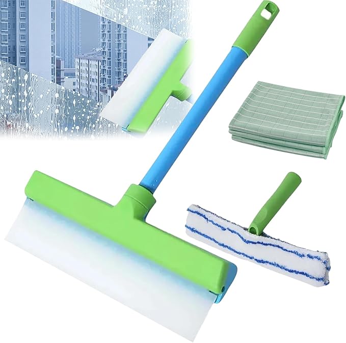 Recyclable Silicone Window Squeegee Kit - 3-in-1 Window Washer,Squeegee and 3 Microfiber Cloths, Ergonomic Handle & Streak-Free Blade for Windows, Mirrors, Shower Doors, Glass (Green)