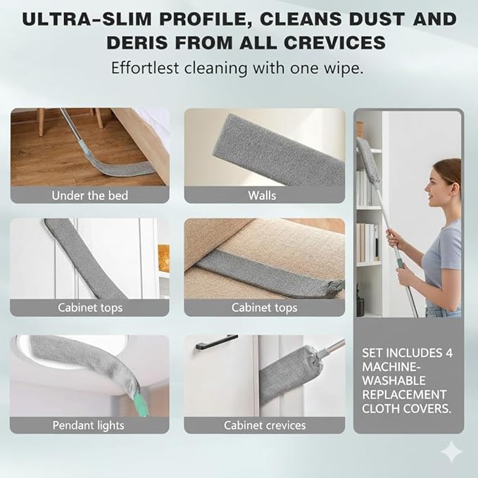 Retractable Gap Dust Cleaner - Ultra-Thin Flexible Duster with 4 Washable Microfiber Pads, Extendable Pole for Under Refrigerator, Blinds, Appliances, and Hard-to-Reach Areas Cleaning Tool