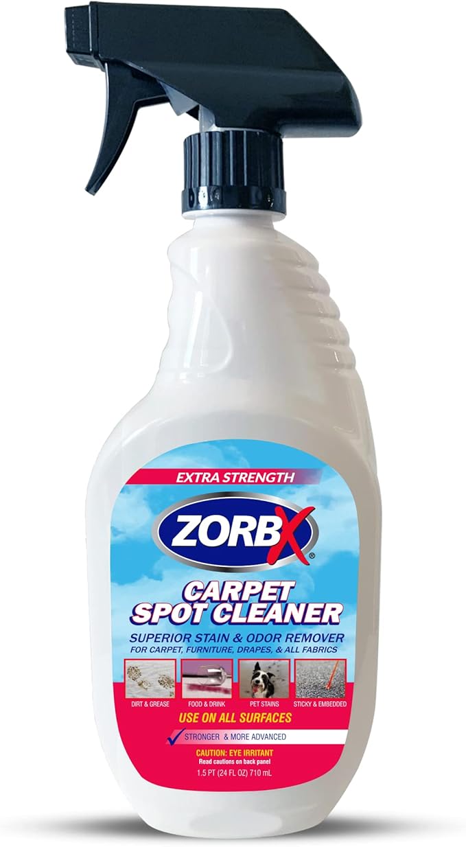 ZORBX Carpet Odor and Stain Remover Spray 24 oz - Perfect Addition to Cleaning Supplies - All-Purpose Carpet Spot Cleaner - Citrus Scented Pet Stain Remover - Fast-Acting Carpet Cleaner Solution