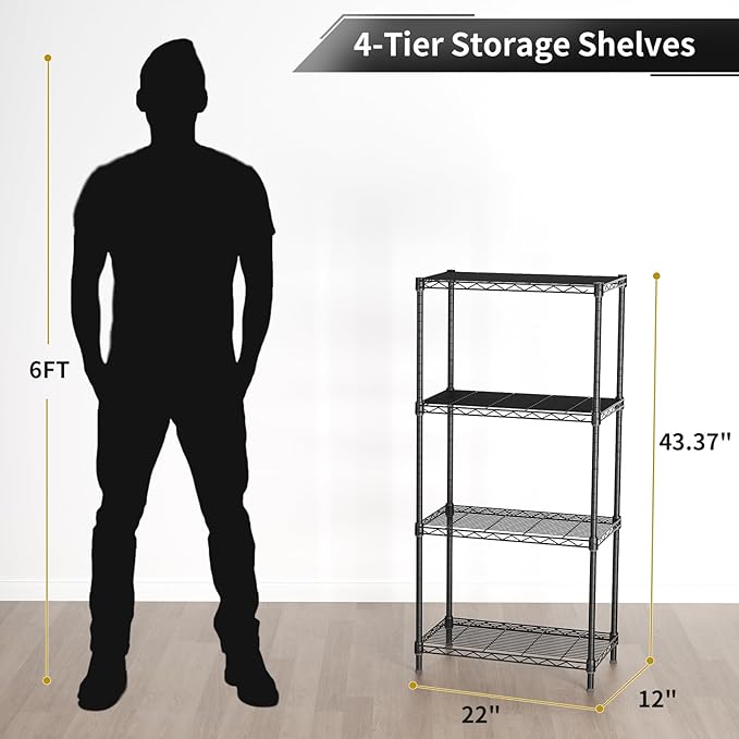 Golpart 4 Tier Adjustable Storage Shelves,Heavy Duty Metal Utility Shelf 600LBS Capacity,Wire Shelving Unit Organizer Rack for Home Kitchen Office BathroomM Pantry Room 12" D x 22" W x 44" H Black