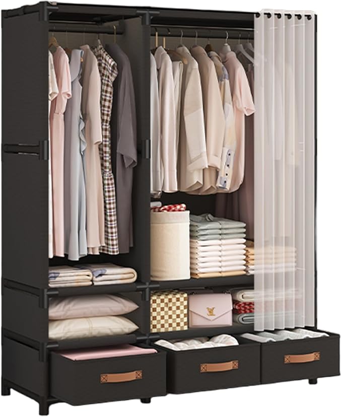 Portable Closet,Portable Closets for Hanging Clothes,Japanese Style Wardrobe Clothing Rack with 3 Drawers,1 Hanging Rods and 2 Storage Shelves,43.3" L x 17.7" W x 65.1" H,Black