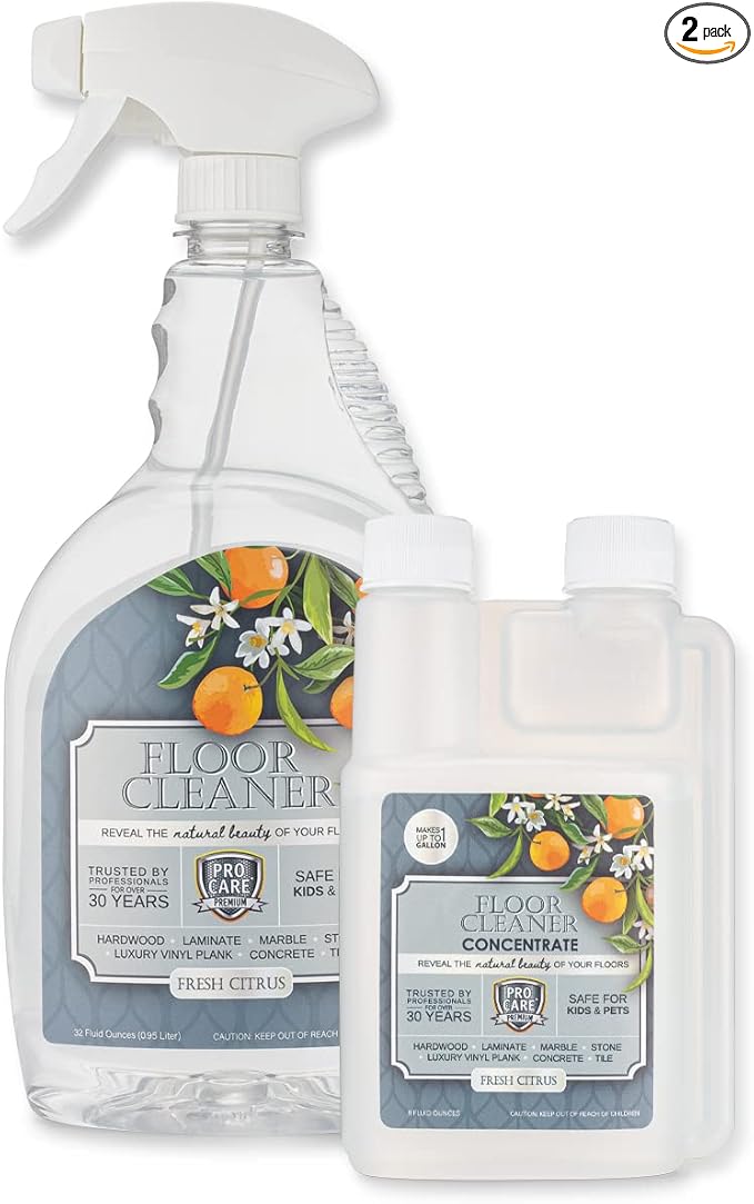 ProCare Citrus Floor Cleaner - Vinyl, Wood, Tile & Laminate Floor Cleaner for Mopping, Cleaning Solution Concentrate Floor Cleaner with Citrus Aroma, 32oz Spray Bottle + 8oz Concentrated Bottle Bundle