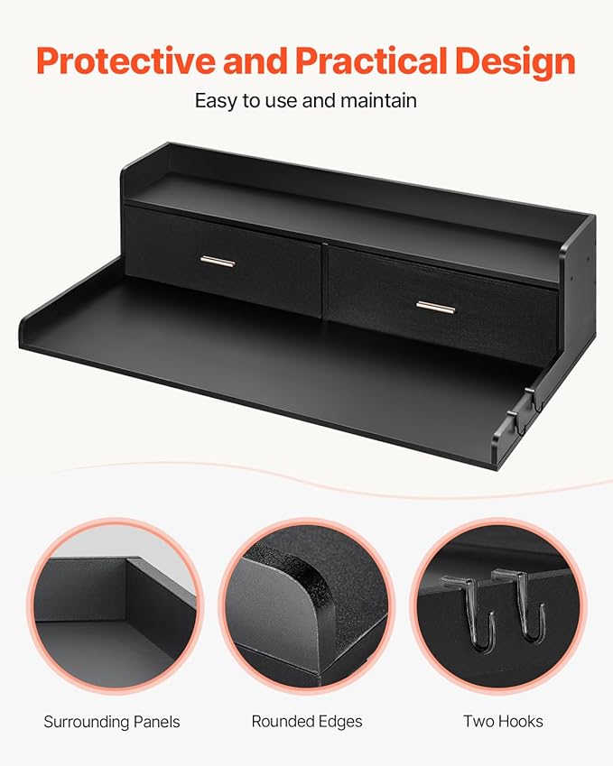 VEVOR 2 Drawers Washer Dryer Countertop with Shelf, 54" x 27" Wooden Laundry Countertop with 2 Hooks & Non-Slip Pads, Washer and Dryer Covers for The Top, Laundry Room Organization and Storage, Black
