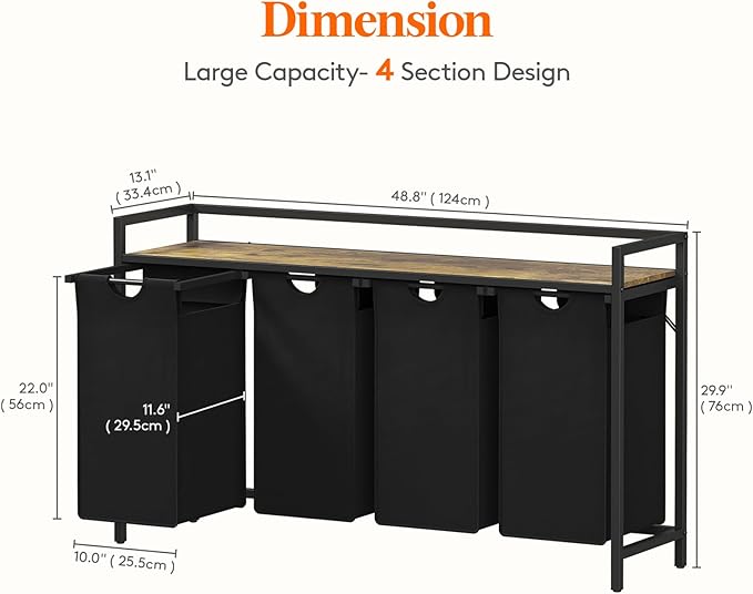 Lifewit Laundry Hamper 4 Section, 168L Pull out Laundry Clothes Basket Organizer with Large Top Shelf and 4 Removable Bags and Handles for Laundry Room Bedroom Bathroom, Black with A Shelf