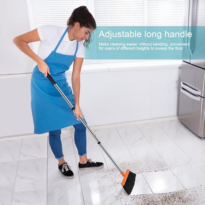 FGY Long Handle Broom and Dustpan Set 53" Broom with Upright Dustpan for Home Kitchen Office Cleaning (Black & Orange)