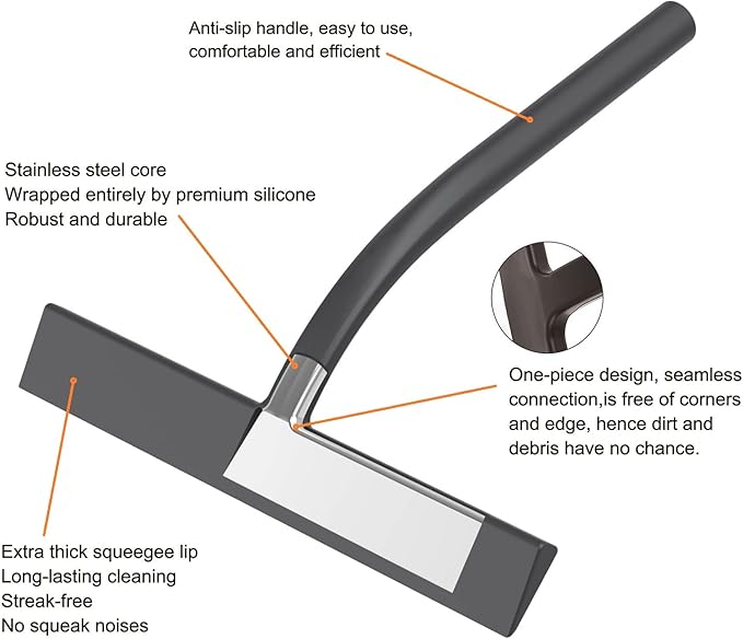 All -Purpose Silicone Shower Squeegee for Shower Glass Door with Hook, Bathroom Accessories for Window Mirror Tile Car Shower Walls,Household Shower Cleaner Tool (Black, 11inch)