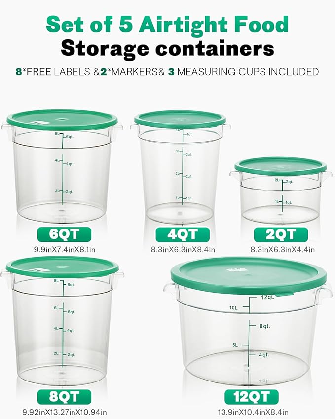 2QT&4QT NSF Round Food Storage Containers with Lids: 4 PCS [Total Food Grade][Hot&Cold Resistant] Dough Proofing Container for Pizza, Bread with Measuring Spoons Included(BPA FREE) (GREEN)