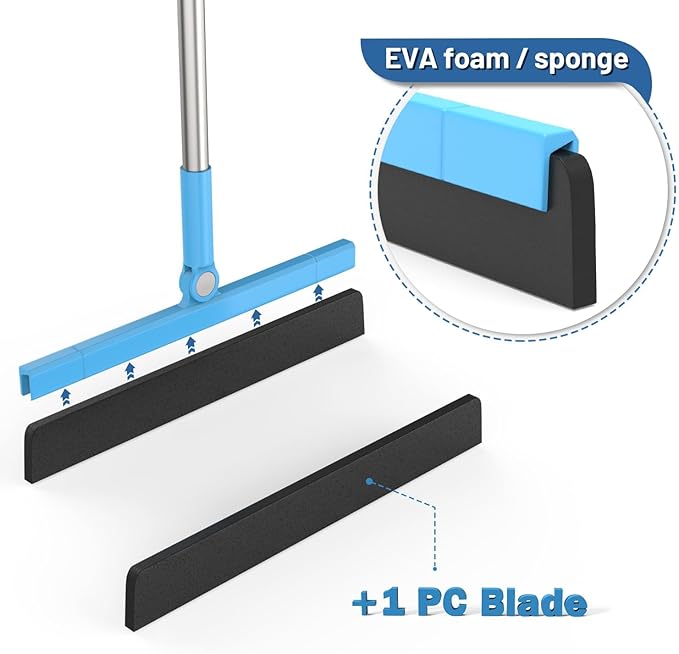 KOLLIEE Floor Squeegee Adjustable 59'' Long Handle Professional Floor Squeegee with Hook Water Squeegee Foam Blade for Concrete Floor Tile Pet Hair Floor Wiper