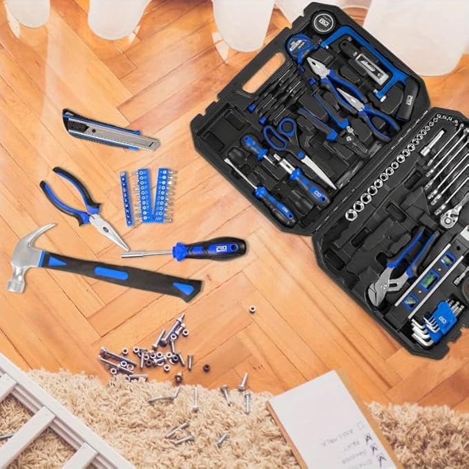 210pcs Household Tool Kit General Home Auto Repair Tool Set with Hammer Pliers Screwdriver Set Wrench Socket Kit and Toolbox Storage Case Perfect for Homeowner Diyer Handyman