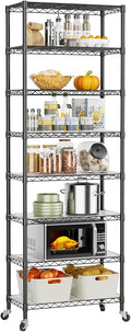 Golpart 8 Tier Shelves Storage Shelf Wire Closet Bathroom Organizers Metal Pantry Kitchen Garage Shelving Unit Laundry Room Organization Home Rack Net Basket Black with Wheels 12”D X 22”W X 74.2”H