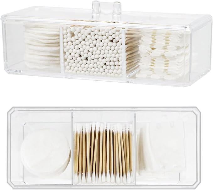 ZEXALOR Clear Bathroom Dresser Organizer - Cotton Ball Swab Holder with 3 Divided Compartments&Lid, , Waterproof Transparent Small Plastic Storage Containers, Vanity Makeup Organization