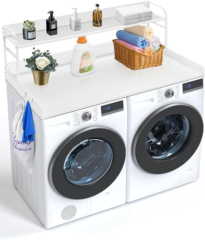 VEVOR Washer Dryer Countertop with 2-Tier Shelf, 54" x 27" Wooden Washer and Dryer Countertop with Anti-Slip Pads, Water-Resistant Laundry Topper Cover for Laundry Room Organization and Storage, White