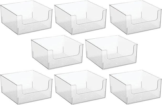 mDesign Plastic Modern Wide Open Front Dip Storage Organizer Bin Basket for Household Organization - Shelves, Cubby, Cabinet, and Closet Organizing Decor - Ligne Collection - 8 Pack - Clear