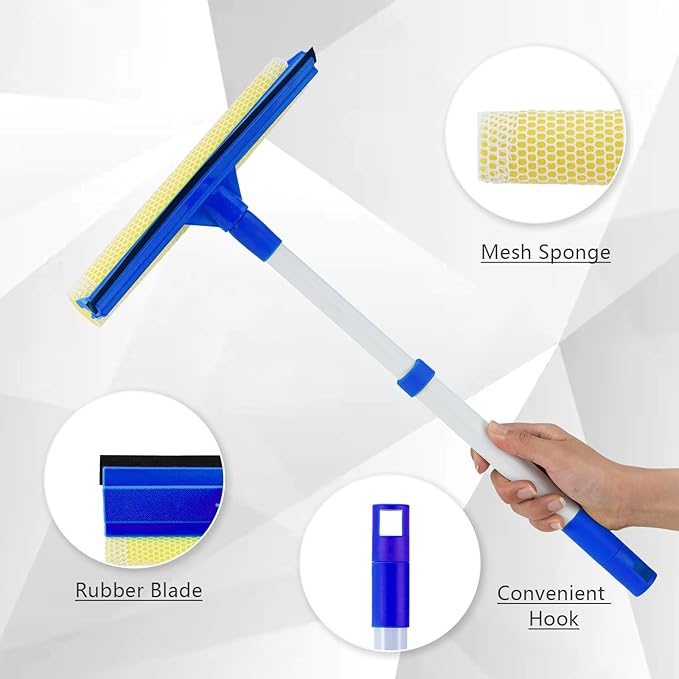 15.9" Window Squeegee for Car,2 in 1 Squeegee Window Cleaner with Long Stainless Steel Handle,Sponge Car Window Squeegee for Gas Station, Glass,Shower (Iron Pole)