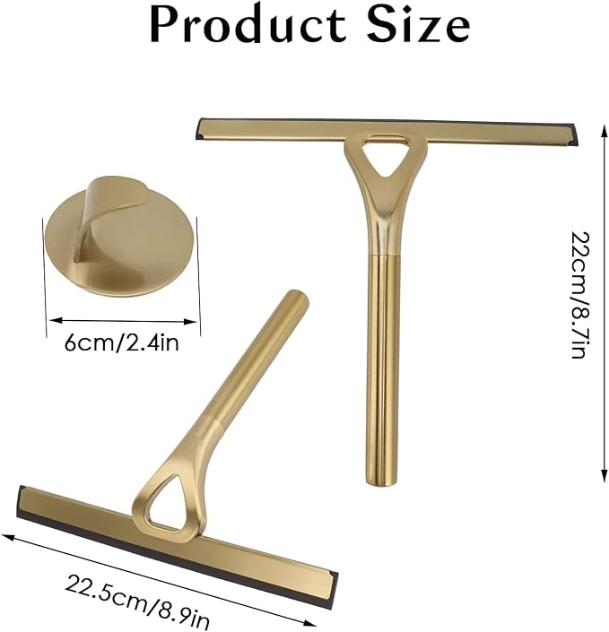 8.9x8.7inch Gold Stainless Steel Shower Squeegee Window Squeegee with Hanging Hook - Glass Wiper Squeegeer Cleaning Tool for Clean Ceramic Tile,Shower Door, Mirror,Window,Car Glass,Table Top