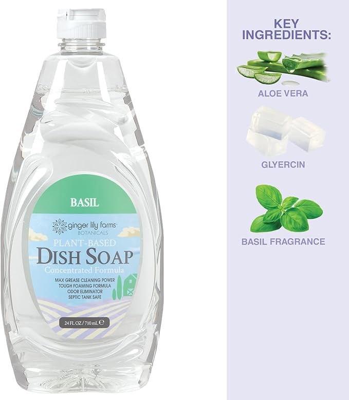 Ginger Lily Farms Botanicals Plant-Based Liquid Dish Soap, Concentrated Formula with Max Grease Cleaning Power, Cruelty-Free, Basil Scent, 24 Fl Oz (Pack of 8)