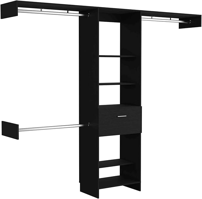 Black Storage Rack One Drawer Three Metal Rods Five Open Shelves for Home Organization