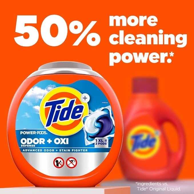 Tide Odor Defense + Oxi Laundry Detergent Pacs, Original Scent, 25 Count, Advanced Odor + Stain Fighter, laudry soap washing detergent pacs