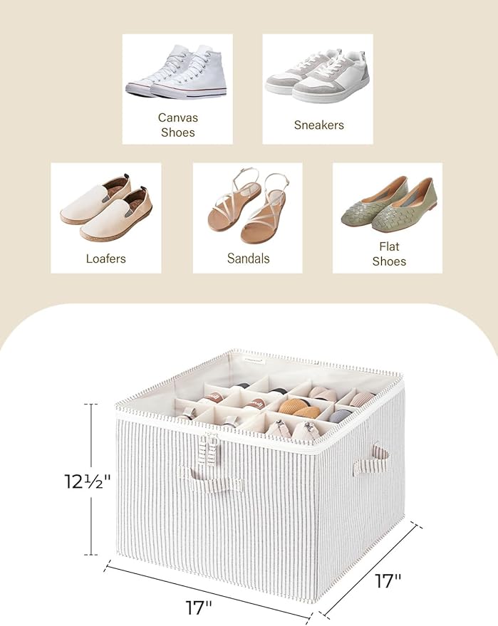 StorageWorks Shoe Organizer for Closet, Fits up to 16 Pairs, Shoe Cubby Storage Containers with Adjustable Dividers and Clear Cover, Khaki and Beige Stripes