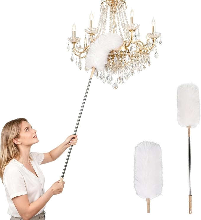White Lambswool Extendable Duster, 32-98 Inch Bendable Wool Head with Anti-Static Properties and Stainless Steel Extension Pole for Ceiling Fans, High Walls, and Roof Dusting(one Pack)