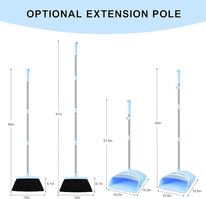 Broom and Dustpan Set House Brooms for Sweeping Indoor Collapsible Broom and Dust Pan Combo for Home Office Kitchen Lobby Floor Pet Hair (Small-Blue)