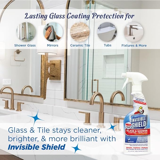 Invisible Shield Protective Glass Shower Coating for Showers, Mirrors, Windows, Tile to Repel Soap Scum and Hard Water Minerals for Easier Cleaning (2 Pack) 16 oz