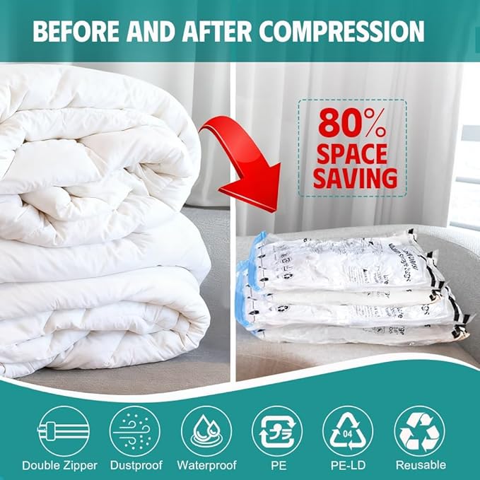 6 Pack Vacuum Storage Bags, Space Saver Compression Bags for Clothing, Comforters, Blankets, Vacuum Seal Bags with Hand Pump. (2×Jumbo, 2×Large, 2×Medium)