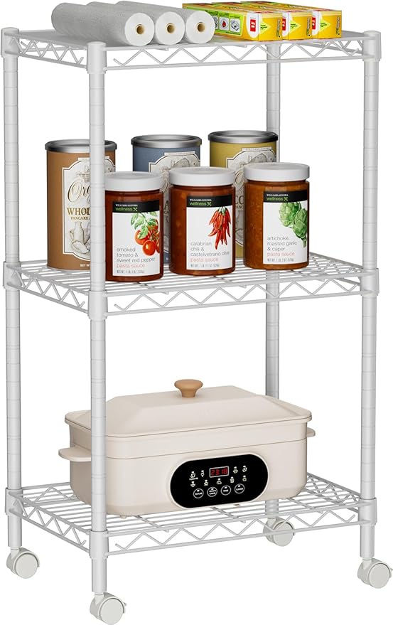 Golpart Small 3 Tier Shelves Storage Wire Shelving Unit Metal Shelf Adjustable Organizers Storage Shelving with Wheels for Bathroom Laundry Room Kitchen Pantry12”D x 18”W x 30.7”H White