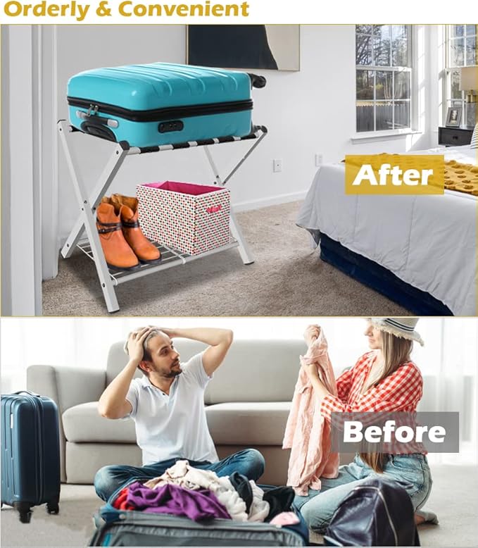 mocomax 1 Pack Folding Luggage Rack for Guest Room, Foldable Suitcase Stand Holder with Metal Storage Shelf for Bedroom, Living Room, Hotel Essentials, Heavy Duty Steel Frame, White