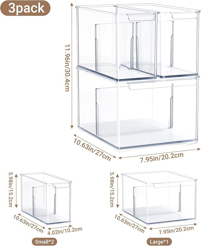 Clear Plastic Storage Bins with Dividers for Kitchen Pantry Organization, 3 Pack Thicken Stackable Storage Drawer Boxes for Refrigerator Cabinets Vanity Organizers and Storage, C6-1