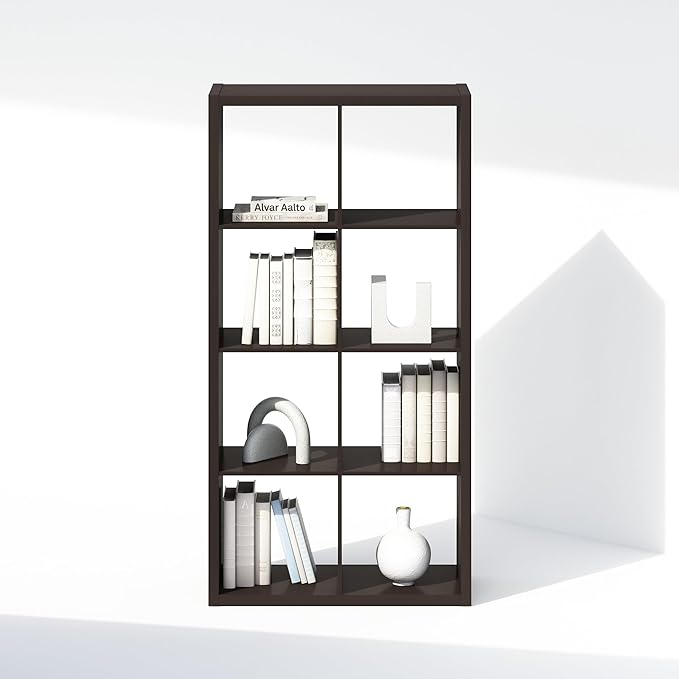 Furinno Simple Cube Storage Organizer, 8-Cube Display Shelf, Open Back Shelving Unit, Storage Shelves, Extra Thick Frame, for Organization and Storage, Living Room, Home Office, Dark Oak