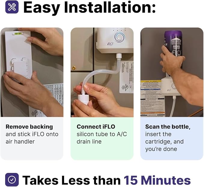 iFLO® Smart A/C Drain Line Cleaner and Drain Pan Cleaner Cartridge, Fast-Acting, Long-Lasting HVAC System Solution for Tough Clogs & Buildup, 3-Month Supply per Bottle, 3 Pack of 36oz