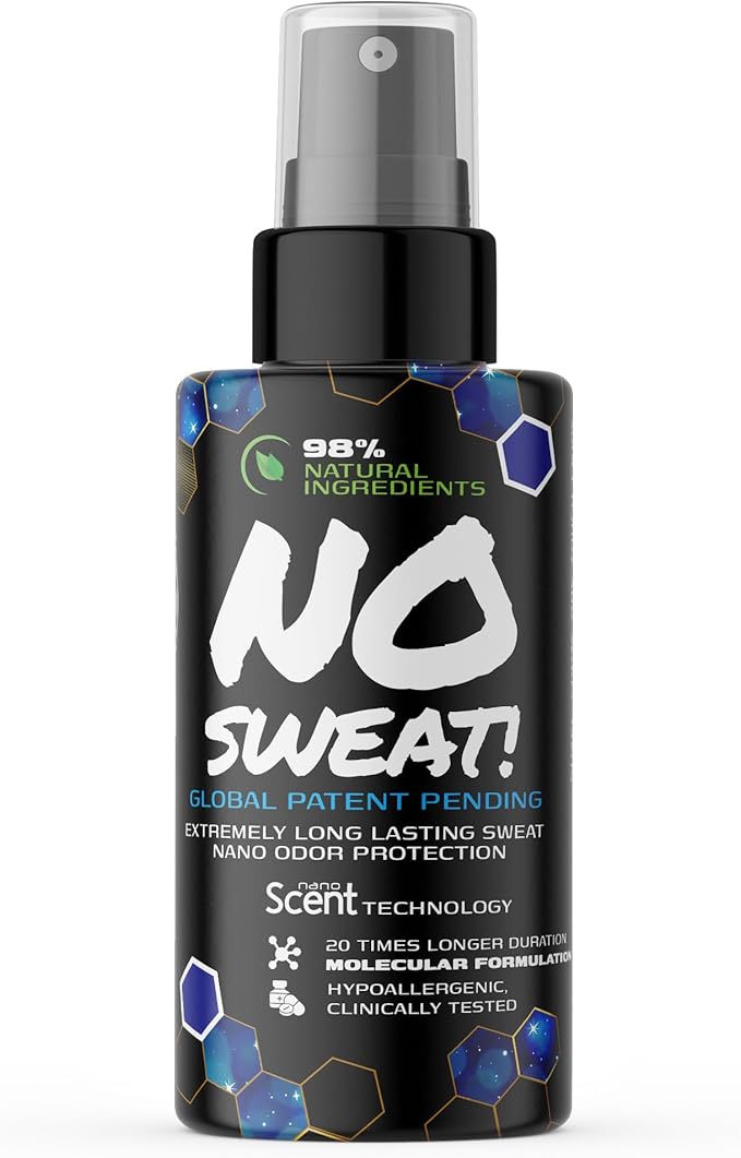 NO SWEAT! Ultra Long Lasting Sweat and Body Odor Protection, 98% Natural Ingredients, Hypoallergenic & Clinically Tested, Alcohol-Free & Fabric Safe, 20x Longer Duration, Created from Science (50mL)
