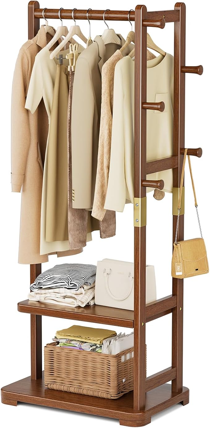 Taitiy Coat Rack Solid Wood Clothes Rack with 2 Shelves & 4 Hooks for Hanging Clothes Garment Wallets Hats, Clothing Rack Coat Rack Freestanding Hall Tree with Storage for Hallway Bedroom Living Room