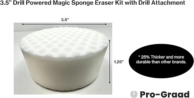 3.5” Drill Powered Magic Sponge Eraser 6 Pieces Kit with Drill Attachment | 25% Thicker Ultra Durable Melamine Cleaning Eraser Pads for Bathroom Kitchen Floors Walls Baseboards Crayon Marker and More