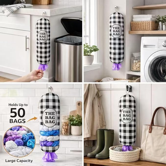 THE BAG BAG Plastic Bag Holder, Black and White Buffalo Check Plaid Grocery Bag Dispenser, Hanging Trash Bag Storage Organizer for Kitchen, Laundry Room, Pantry, Farmhouse Decor, Gifts For Grandma Mom