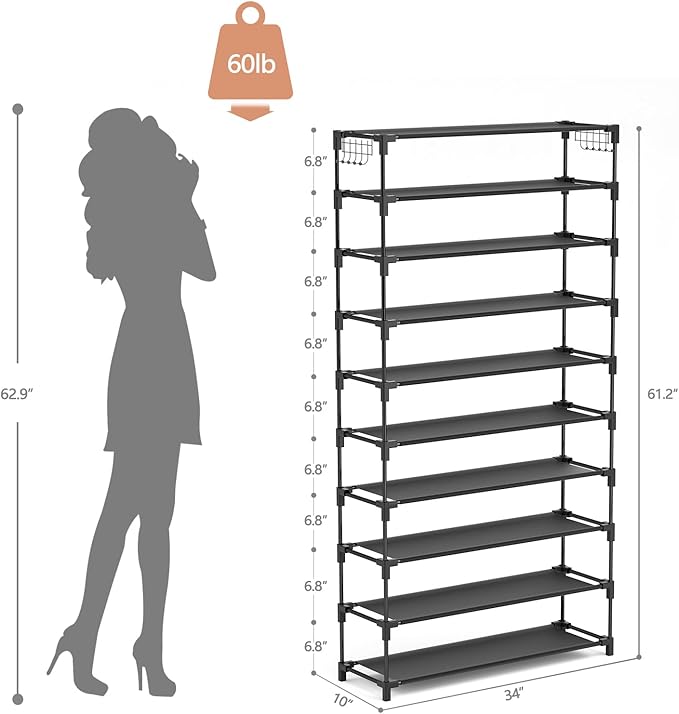 LANTEFUL 10 Tiers Shoe Rack 50 Pairs Large Capacity Tall Shoe Organizer Sturdy Shoe Storage with Two Hooks Space Saving Metal Wide Shoe Rack for Closet, Entryway, Bedroom, Black