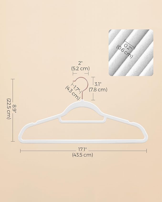 SONGMICS Velvet Hangers, Set of 60 Clothes Hanger with Rose Gold Swivel Hook, Non-Slip, and Space-Saving, 0.2-Inch Thick, 17.1-Inch Long for Coat, Shirt, Dress, Pants, Tie, Cloud White UCRF0021W01
