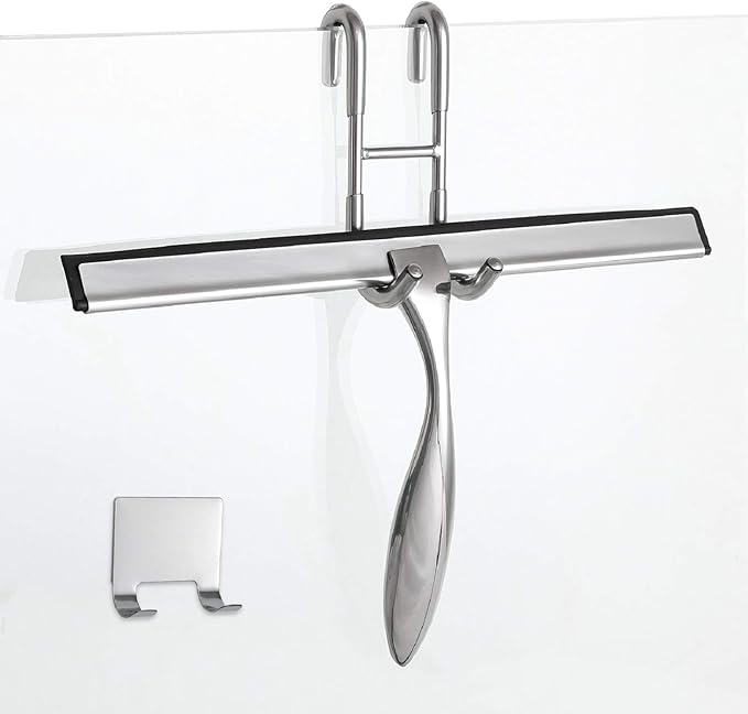 Simtive 12-Inch Shower Squeegee Set, Includes Shower Door Hook and Adhesive Hook, Squeegee for Shower Doors, Mirror and Window, Silver