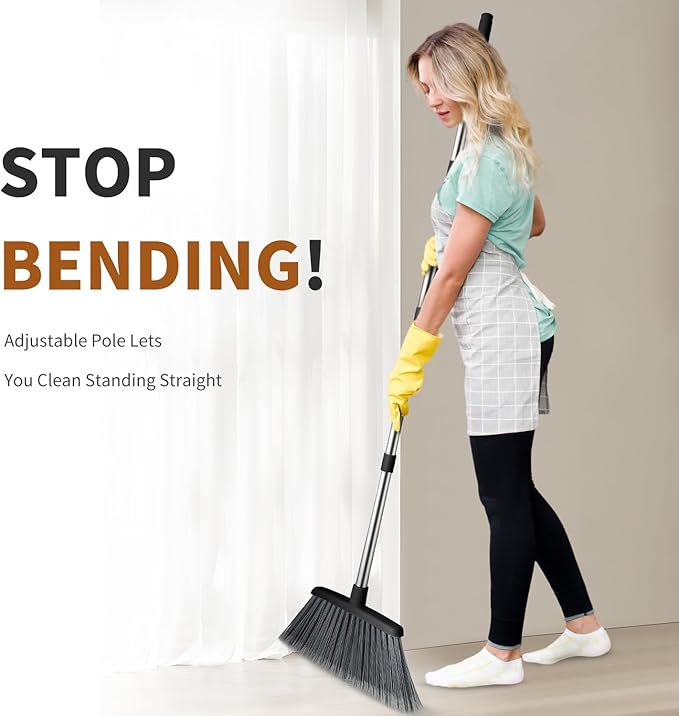 Broom, Outdoor Brooms for Sweeping Indoor, Adjustable 55" Pet Hair Removal Heavy Duty Broom for Floors Home Kitchen Garage Commercial Patio Industrial Snow (Black)