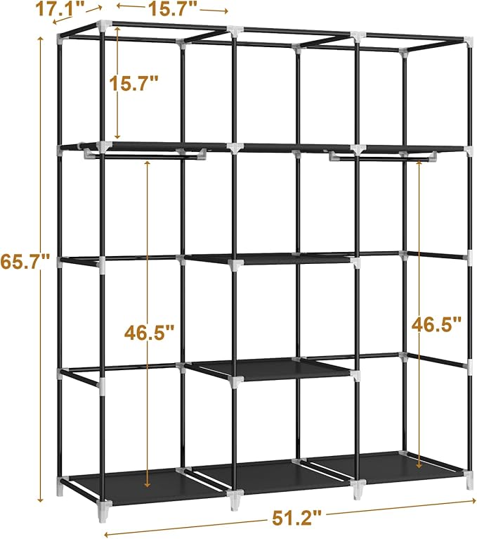 MOGELAFOO Portable Closet Wardrobe, 51-Inch Clothes Organizer with 2 Hanging Rods and 8 Shelves, Non-Woven Fabric Cover, Medium Capacity Storage for Bedroom and Living Room, Black