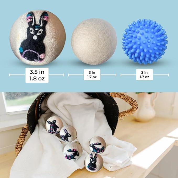 Ezhippie Quality Wool Dryer Balls - 6 XL Rabbit Pack - 1000+ Loads - Pure Organic Wool - Reusable Natural Fabric Softener Perfect with Essential Oils, Reduce Clothing Static and Wrinkles