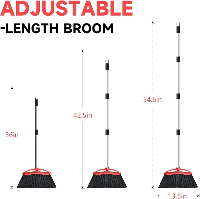 Heavy Duty Broom, 54-inch Adjustable Long Handle Angle Brooms Large Brooms for Sweeping Indoor and Outdoor Commercial Broom for Home Kitchen Patio Garage Porch Courtyard Classroom, Red