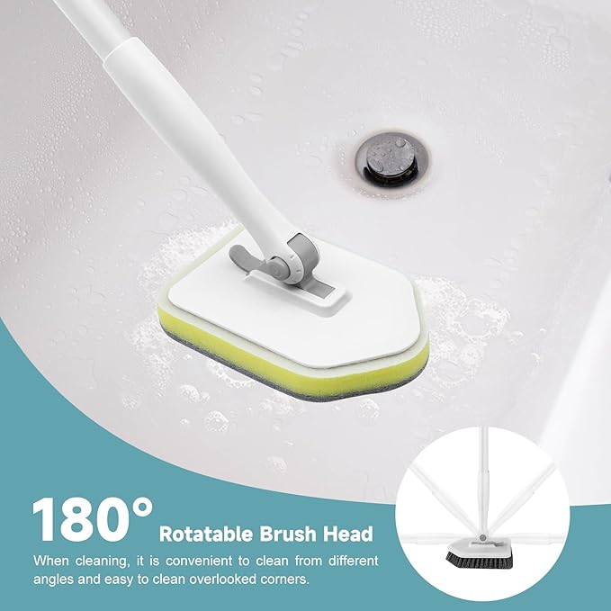 nacena Shower Scrubber with Long Handle, 4 in 1 Tile Tub Scrubber Brush with 3 Detachable Cleaning Heads and V-Shaped Grout Brush Shower Cleaner Brush for Bathroom Kitchen Toilet Tub Sink, Grey White