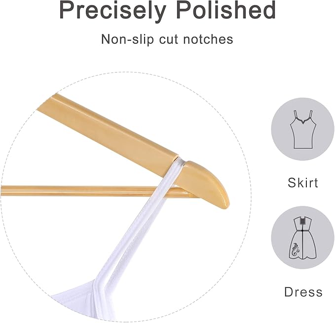 TOPIA HANGER Wooden Coat Hanger 20 Pack, Natural Wood Suit Hangers with Non Slip Pants Bar, 360° Swivel Hook and Shoulder Notches for Camisole, Jacket, Pants, Smooth Finish-CT34N20