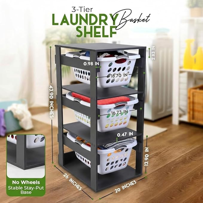 Laundry Basket Holder Shelf (3-Tier) - Stackable Engineered Wood Laundry Tower, Tiered Laundry Hamper Organizer for Bathroom, Bedroom, Laundry Room