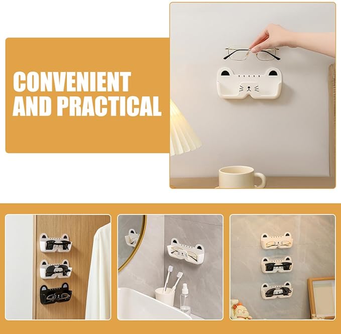 SEWACC 2pcs Cat Design Wall-Mounted Glasses Organizer Plastic Eyewear Storage Box with Hanging Holder for Sunglasses and Eyeglasses in Black and White, Suitable for Bedroom and Bathroom