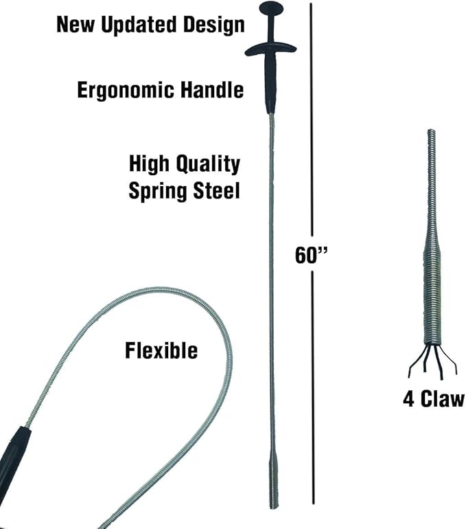 PF WaterWorks GrabEASY 60" Ergonomic Handle, Flexible 4 Claw Pick-Up Tool, Jewelry Retriever, Clog Remover, Drain Snake; PF0408