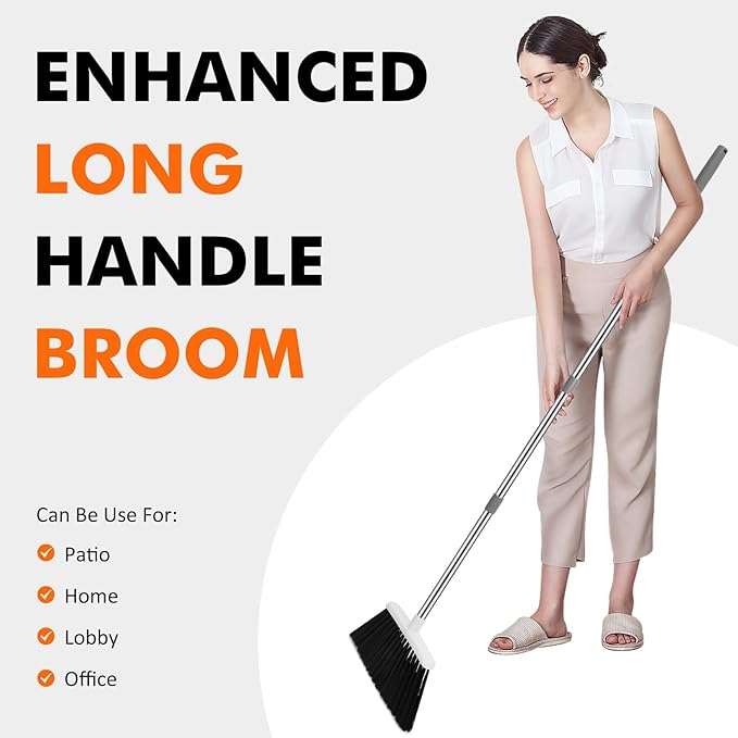 Heavy Duty Broom, 55 Inch Long Handle Outdoor Large Angle Brooms, Commercial Broom for Sweeping Indoor, for Home Garage Kitchen Office Courtyard Lobby Patio Lawn Concrete(Grey&White)