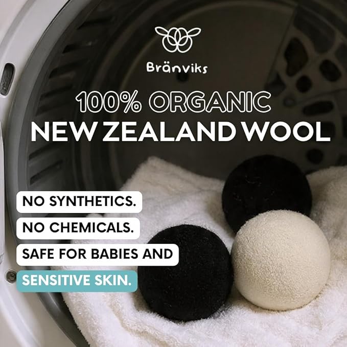 Wool Dryer Balls – 6 XL Organic New Zealand Wool Dryer Balls | Reduce Drying Time, Anti-Static & Wrinkle Reducing | Reusable Fabric Softener Alternative (White & Black Set)